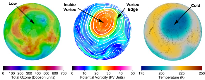 Map of NH total ozone, potential vorticity, and temperature on 2011-02-22