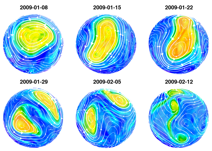Map of NH potential vorticity on 2009-01-08, 2009-01-15, 2009-01-22, 2009-01-29, 2009-02-05, and 2009-02-12