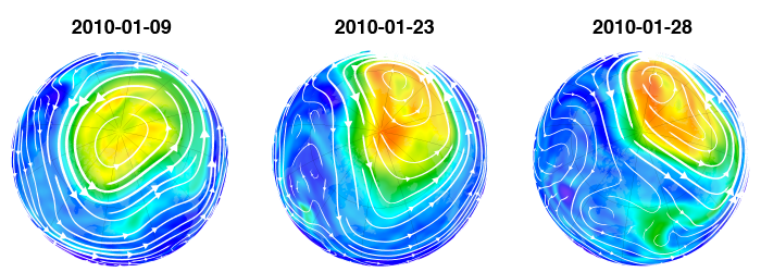 Map of NH potential vorticity on 2010-01-09, 2010-01-23, 2010-01-28