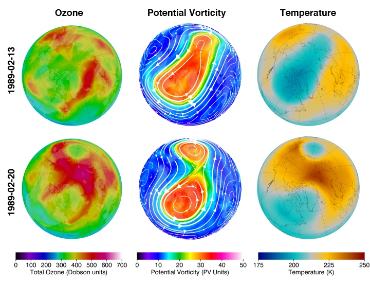 Maps of NH total ozone, modified potential vorticity, and temperature on 1998-02-13 and 1998-02-20