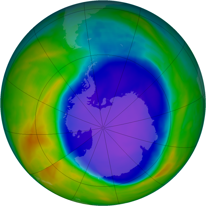 Ozone Hole Watch: Southern ozone map for 09 October 2008